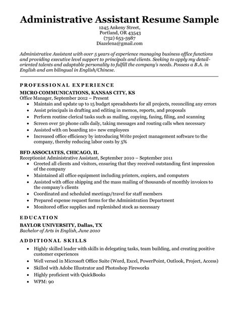Example Resume Of Administrative Assistant