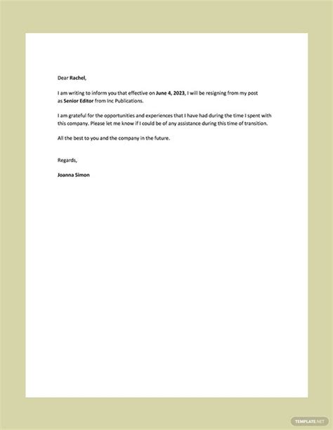 examples of short resignation letters