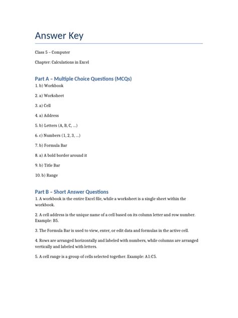 Excel Answer Key