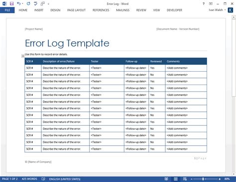 excel fault log template