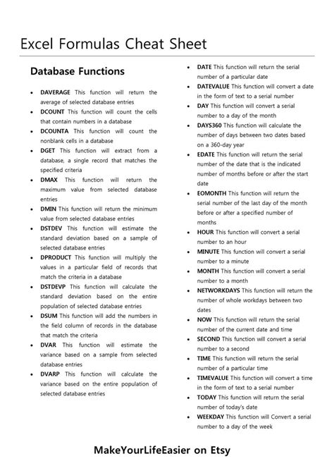 Excel Formulas Cheat Sheet Pdf