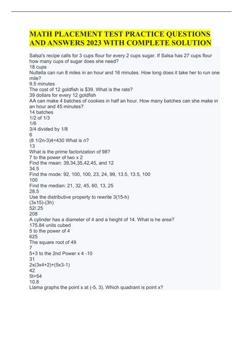 excel math placement test answer key