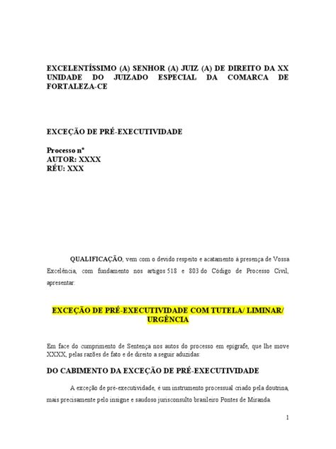 Exceção De Pré Executividade Modelo