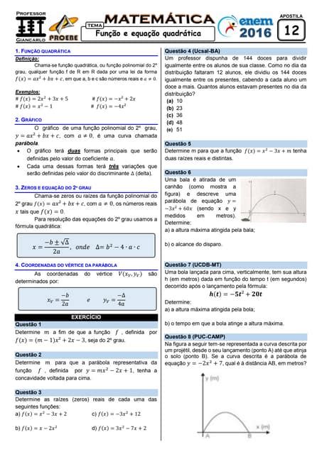 Exercícios Função Quadrática