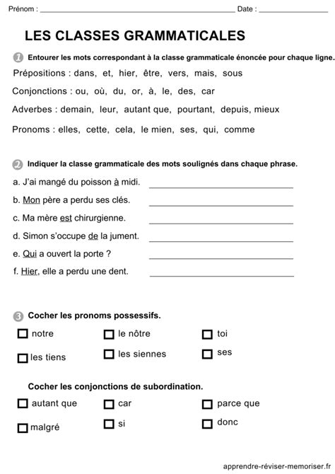 Exercice Classe Grammaticale