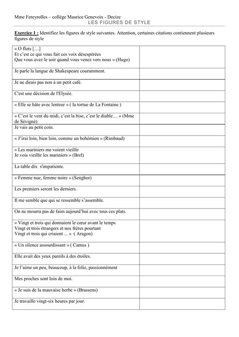 Exercices Figures De Style
