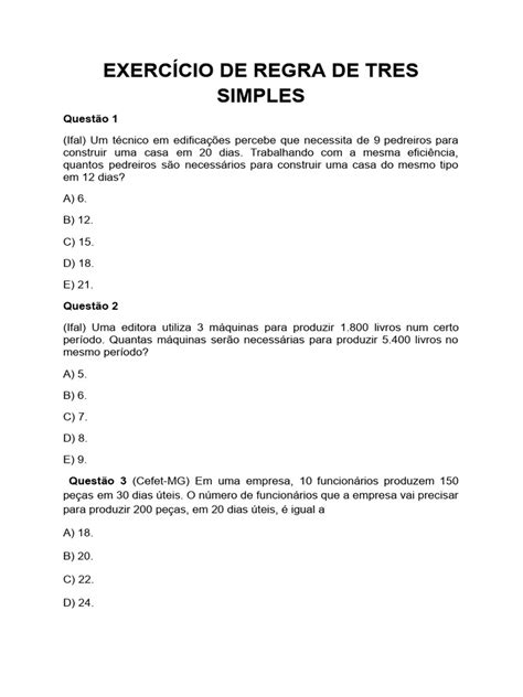 Exercicio Regra De Tres Simples
