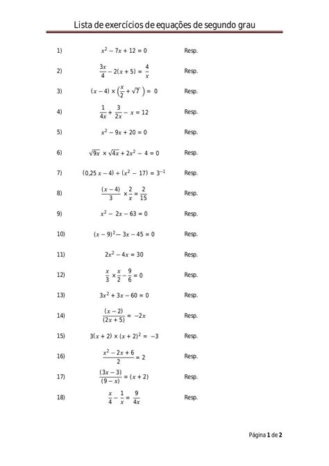 Exercicios De Equação De Segundo Grau