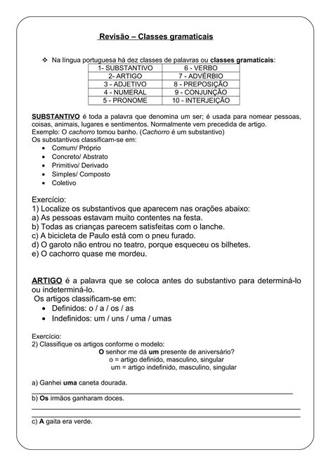 Exercicios Sobre Classes Gramaticais
