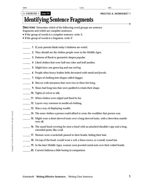 Exercise Sentence Fragments Exercise 1 Purdue Owl Sentence Practice Worksheet - Sentence Practice Worksheet