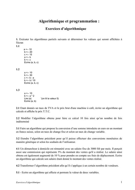 exercises dalgorithme informatique pdf