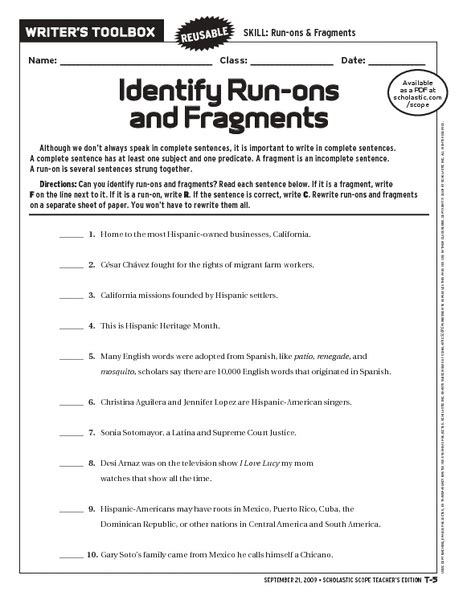 Exercises Identifying Fragments And Run On Sentences Writing Run On Worksheet - Run On Worksheet