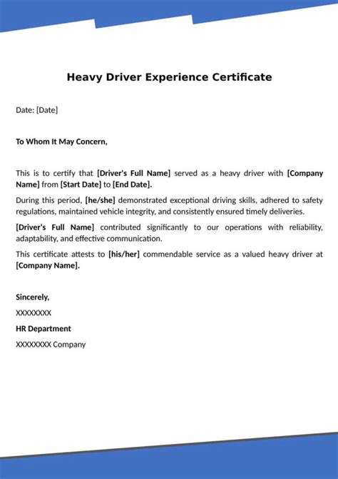 Experience Certificate For Driver Format