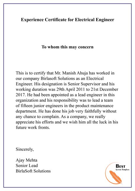 Experience Certificate For Power Engineer