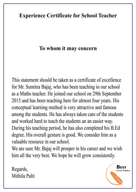 Experience Certificate Format For Teacher