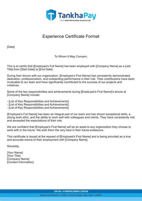 Experience Certificate Format Pdf