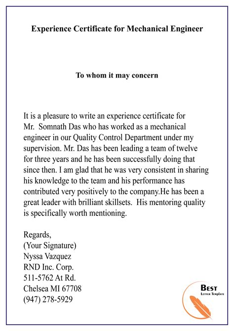Experience Certificate Sample For Mechanical Engineer