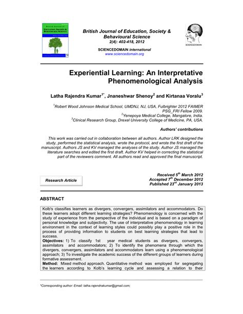Experiential Learning An Interpretative Phenomenological