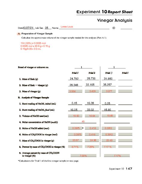 experiment 10 vinegar analysis pre lab answers