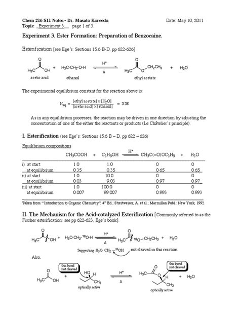 Experiment 3 Ester Formation Preparation Of Benzocaine