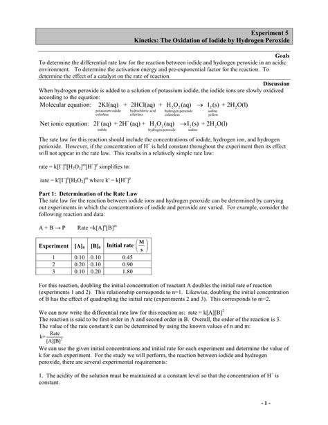 Experiment 5 Kinetics: The Oxidation Of Iodide By Hydrogen Peroxide