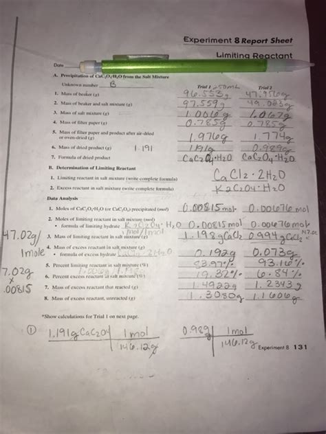 Experiment 8 Limiting Reactant Answers
