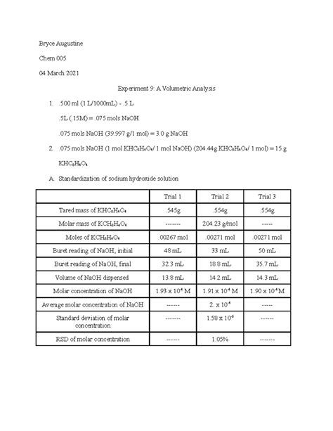 Experiment 9 A Volumetric Analysis Report Sheet Answers