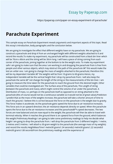 Experiment Of Parachute Essay Example For 1541 Words Parachute Science Experiment - Parachute Science Experiment