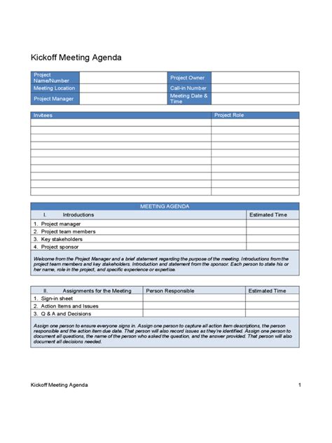 explain kick-off meeting template free printables