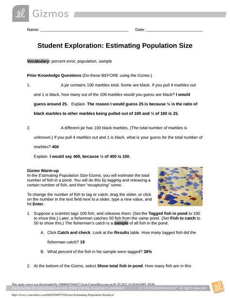 Explore Learning Gizmo Estimating Population Size Key