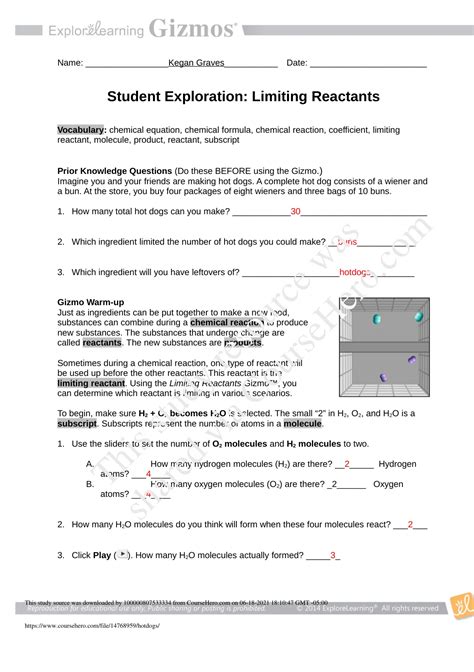 Explore Learning Limiting Reactants Gizmo Answer Key