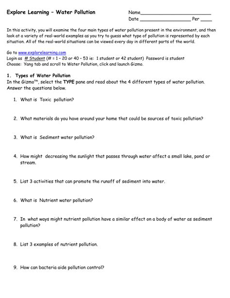 Explore Learning Water Pollution Gizmo