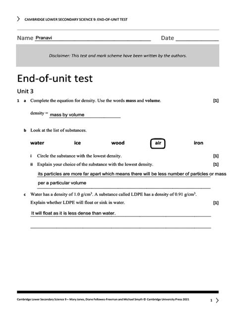Exploring Science 9h End Unit Test