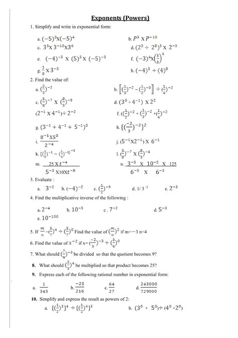 Exponents And Powers Worksheet For Class 7