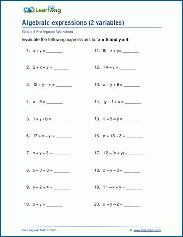 Expressions With 2 Variables Worksheets K5 Learning Variables Worksheets 5th Grade - Variables Worksheets 5th Grade