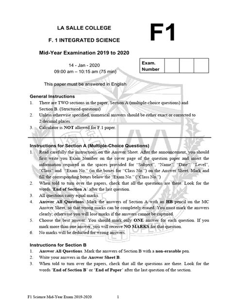 F 1 Integrated Science Exam Paper