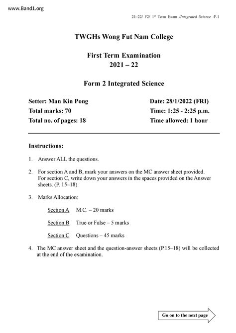 F2 Science Exam Paper Answer