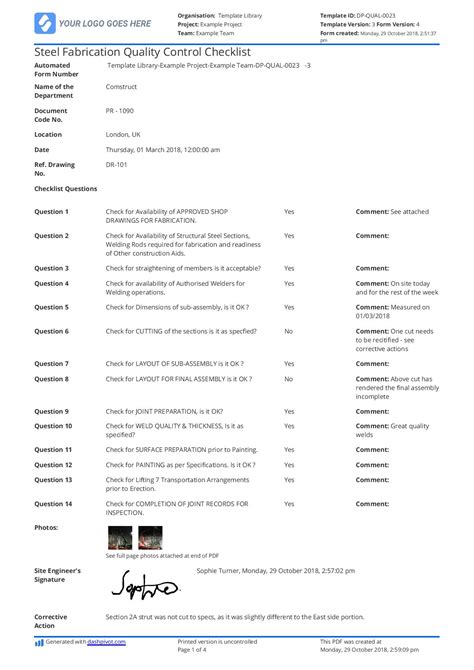 Fabrication Quality Control Checklist
