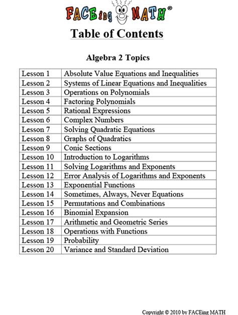 Faceing Math Algebra 2 Answer Key