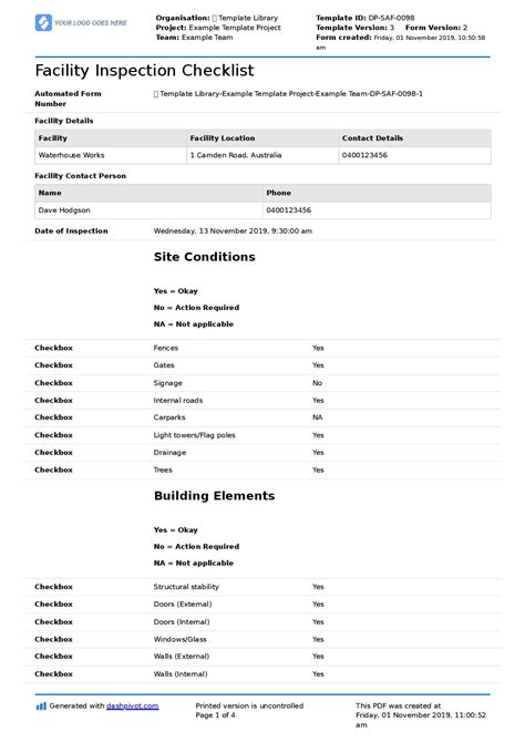 Facility Inspection Checklist Excel