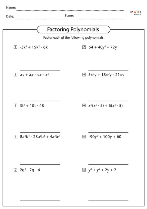 Factoring Polynomials Worksheets With Answer Key Math Monks Polynomials Worksheet Grade 10 - Polynomials Worksheet Grade 10