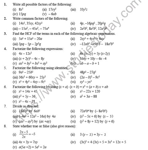 Factorisation Class 8 Worksheets