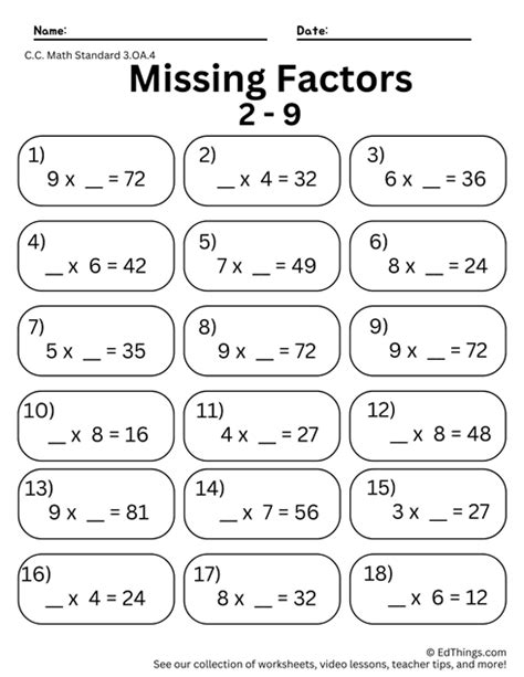 Factors Worksheets Missing Factors Worksheet - Missing Factors Worksheet