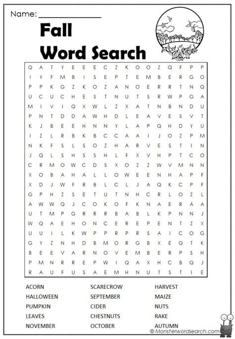 fall Word Search Monster Word Search