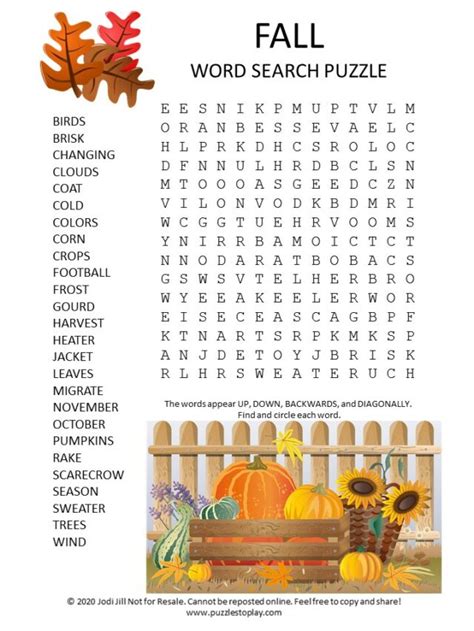 Fall Word Search The Printables Fairy Fall Themed Word Search - Fall Themed Word Search