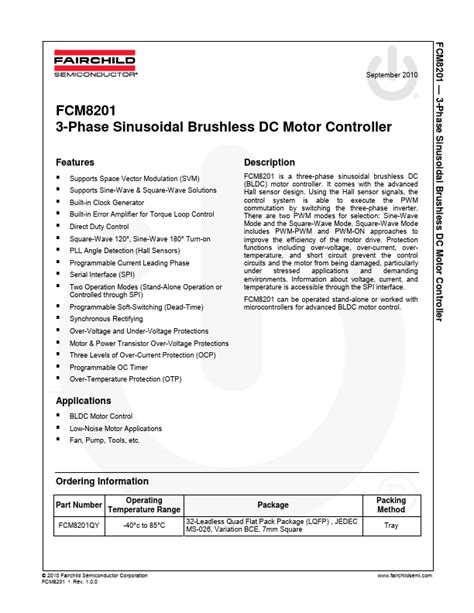 Fcm8201 3 Phase Sinusoidal Brushless Dc Motor Controller