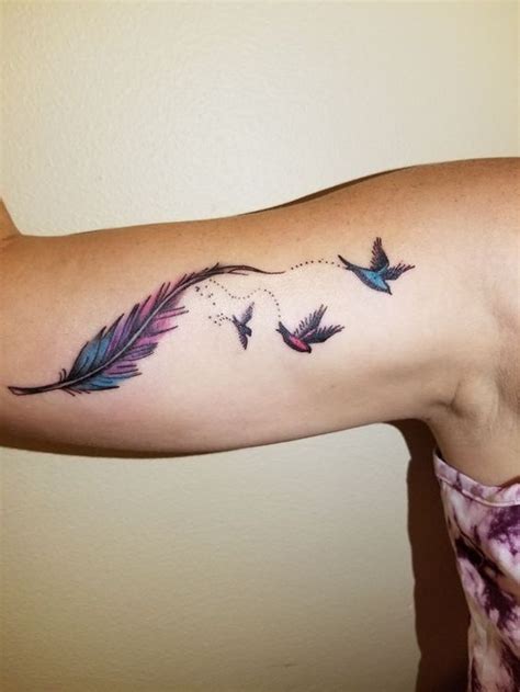 Feather Tattoo With Birds On Arm