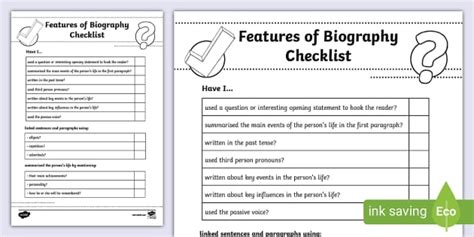 features of a biography checklist