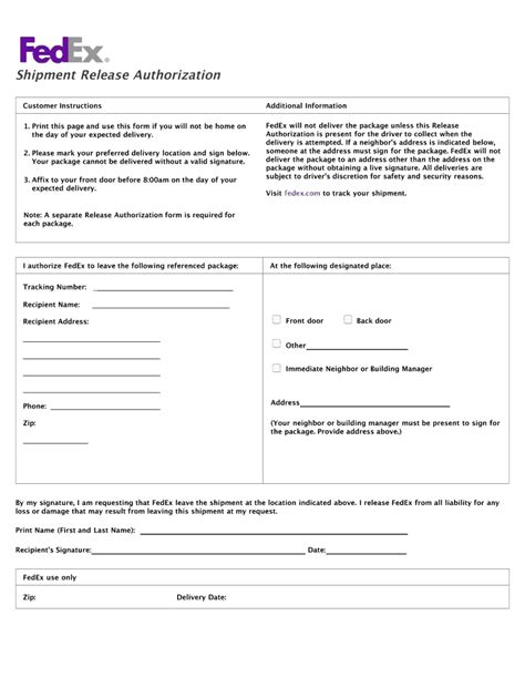 Fedex Shipment Release Form