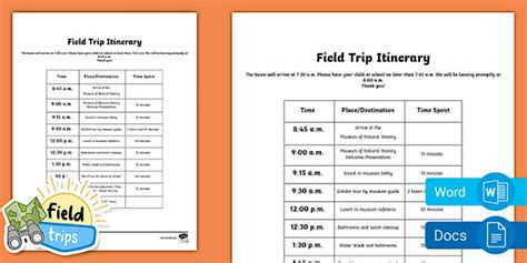Fieldtrip Itinerary Template